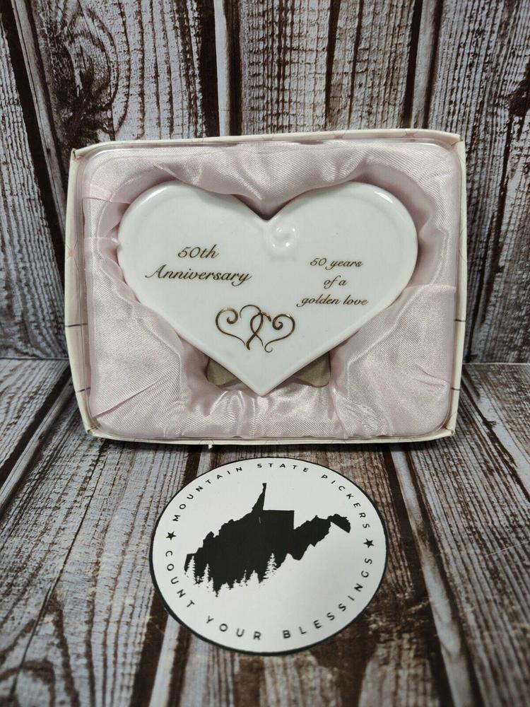Russ Porcelain 50th Anniversary Message Plaque Heart Shape Gold Print NIB